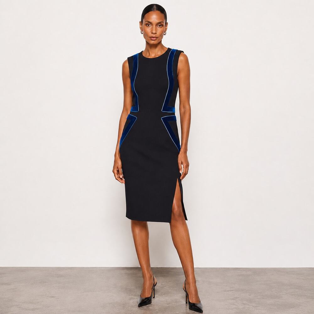 Altuzarra Black Cobalt Blue Velvet Trim Sheath Dress FR 40 US 8 Italy